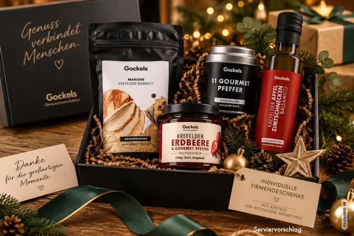 Firmengeschenk von Gockels: Box mit Bierbrot-Backmischung, Gourmet Pfeffer, Fruchtaufstrich und Balsamico